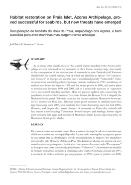 Habitat Restoration on Praia Islet, Azores Archipelago, Pro- Ved Successful for Seabirds, but New Threats Have Emerged