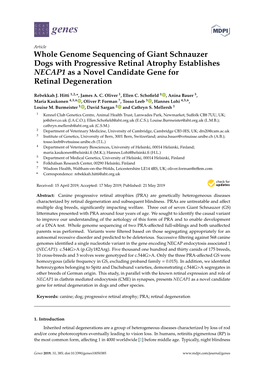 Whole Genome Sequencing of Giant Schnauzer Dogs with Progressive Retinal Atrophy Establishes NECAP1 As a Novel Candidate Gene for Retinal Degeneration