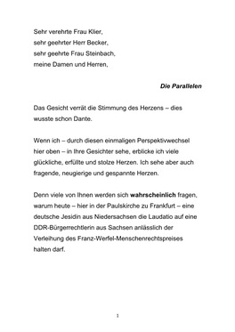 Laudatio Auf Eine DDR-Bürgerrechtlerin Aus Sachsen Anlässlich Der Verleihung Des Franz-Werfel-Menschenrechtspreises Halten Darf