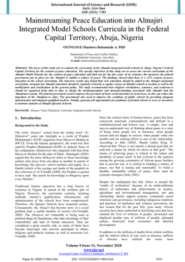 Mainstreaming Peace Education Into Almajiri Integrated Model Schools Curricula in the Federal Capital Territory, Abuja, Nigeria