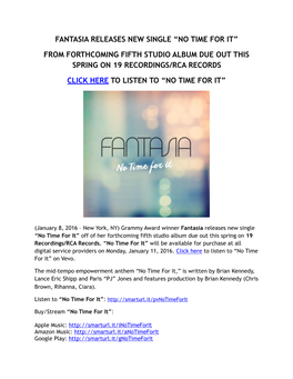 Fantasia Releases 'No Time for It' Final January 8, 2016