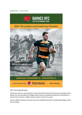 Barnes Rfc – Club Story 1862…