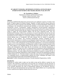 Of Airlift to Biafra: Rethinking External Humanitarian Intervention During the Nigeria-Biafra War, 1967-1970