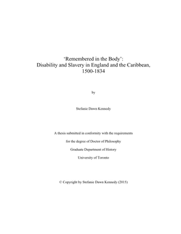 Disability and Slavery in England and the Caribbean, 1500-1834