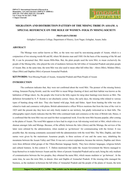 Migration and Distribution Pattern of the Mising Tribe in Assam: a Special Reference on the Role of Women- Folk in Mising Society