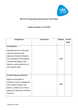 MK7227 Postgraduate Dissertation Front Sheet Student Number