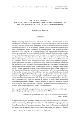 Shadow and Impress: Ethnography, Film, and the Task of Writing History in the Space of South Africa’S Deindustrialization