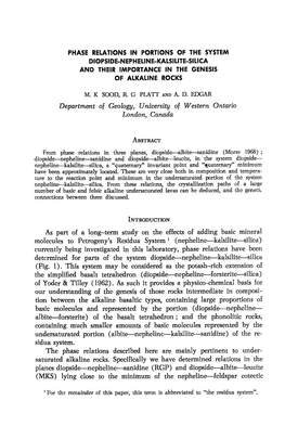 PHASE RETATION' in PONTIONS of the SYSTEM DIOPSIDE-NEPHETINE-Kaisitite.Sitica and THEIR IMPORTANCE in the GENESIS of AIKAIINE RO