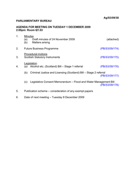 Ag/S3/09/38 PARLIAMENTARY BUREAU AGENDA for MEETING