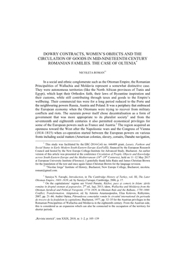 Dowry Contracts, Women's Objects and the Circulation of Goods in Mid-Nineteenth Century Romanian Families. the Case of Oltenia