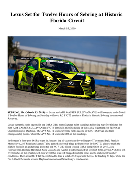 Lexus Set for Twelve Hours of Sebring at Historic Florida Circuit