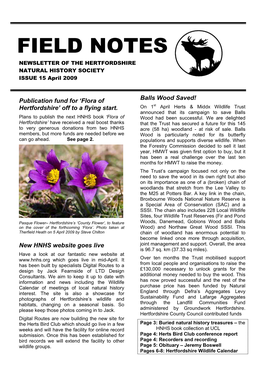 FIELD NOTES NEWSLETTER of the HERTFORDSHIRE NATURAL HISTORY SOCIETY ISSUE 15 April 2009