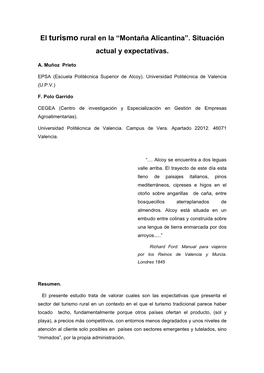El Turismo Rural En La “Montaña Alicantina”. Situación Actual Y Expectativas