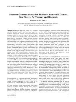Phenome-Genome Association Studies of Pancreatic Cancer: New Targets for Therapy and Diagnosis RAMASWAMY NARAYANAN