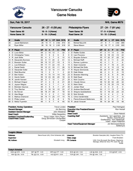 Vancouver Canucks Game Notes