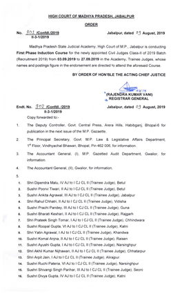 No. Gc)I /Confdl./2019 Jabalpur, Dated Ng August, 2019 Jabalpur, Dated Oj