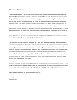 Aloha Senators and Representatives, I Am Strong Oppose to Senate Bill 1 and I Feel That the Religious Exemptions Are Not Adequat