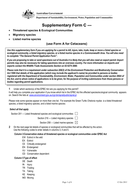 Supplementary Form C —  Threatened Species & Ecological Communities  Migratory Species  Listed Marine Species (Use Form a for Cetaceans)