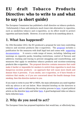 EU Draft Tobacco Products Directive: Who to Write to and What to Say (A Short Guide)