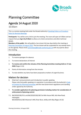 Planning Committee Agenda 14 August 2020 10.00Am