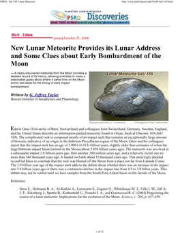 New Lunar Meteorite Provides Its Lunar Address and Some Clues About Early Bombardment of the Moon