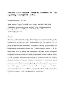 Thermal Noise Induced Stochastic Resonance in Self Organizing Fe Nanoparticle System