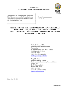 Application of the North American Numbering Plan Administrator, on Behalf of the California Telecommunications Industry, for Relief of the 510 Numbering Plan Area