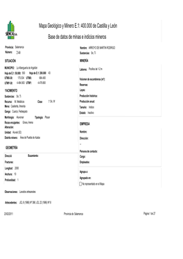 Mapa Geológico Y Minero E.1: 400.000 De Castilla Y León Base De Datos De Minas E Indicios Mineros