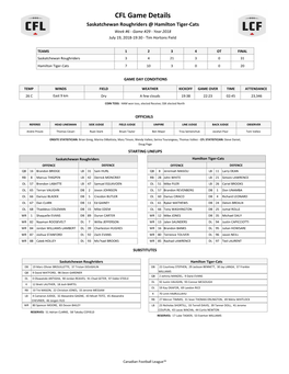 CFL Game Details Saskatchewan Roughriders @ Hamilton Tiger-Cats Week #6 - Game #29 - Year 2018 July 19, 2018-19:30 - Tim Hortons Field