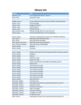 Library List Author Title Abraham, Ken the Prodigal Planet:Book I Genesis Acker, Rick Dead Man's Rule