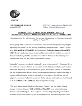 FOR IMMEDIATE RELEASE CONTACT: Andrew Scafetta: 240-662-6063 January 12, 2015 Andrew Scafetta@Discovery.Com