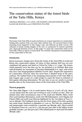 The Conservation Status of the Forest Birds of the Taita Hills, Kenya THOMAS BROOKS, LUC LENS, JIM BARNES, ROGER BARNES, JOHN KAGECHE KIHURIA and CHRISTINE WILDER