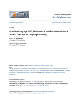 Quechua Language Shift, Maintenance, and Revitalization in the Andes: the Case for Language Planning