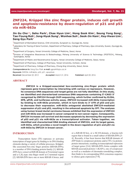 ZNF224, Krüppel Like Zinc Finger Protein, Induces Cell Growth and Apoptosis-Resistance by Down-Regulation of P21 and P53 Via Mir-663A