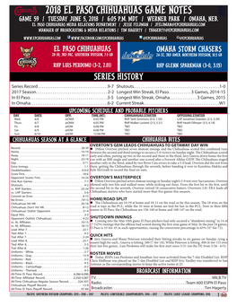 2018 El Paso Chihuahuas Game Notes Game 59 / Tuesday June 5, 2018 / 6:05 P.M
