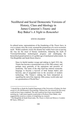 Neoliberal and Social Democratic Versions of History, Class and Ideology in James Cameron’S Titanic and Roy Baker’S a Night to Remember