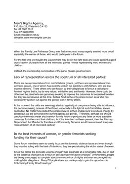 Men's Rights Agency, Lack of Representation Across the Spectrum of All Interested Parties: in the Best Interests of Women, Or Ge