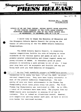 National Archives Release No.: 23/DEC 16-O/86/12/10 SPEECH