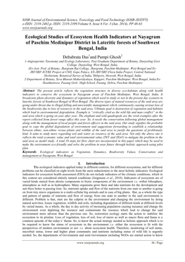 Ecological Studies of Ecosystem Health Indicators at Nayagram of Paschim Medinipur District in Lateritic Forests of Southwest Bengal, India