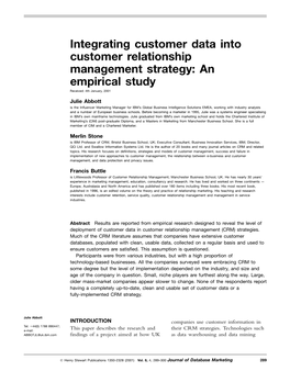 Integrating Customer Data Into Customer Relationship Management Strategy: an Empirical Study Received: 4Th January, 2001