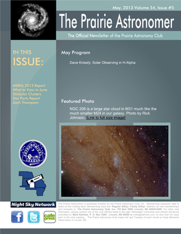 The Prairie Astronomer the Official Newsletter of the Prairie Astronomy Club