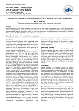 Reproduction Behaviour in Abgrallaspis Nahari (OJHA) (Homoptera: Coccoidea: Diaspididae)