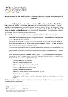 Autorização N.º IR2354030 CIM DO AVE Para a Exploração De Serviço Público De Transporte Regular De Passageiros