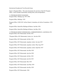 International Geophysical Year Records Group Series 3: Program