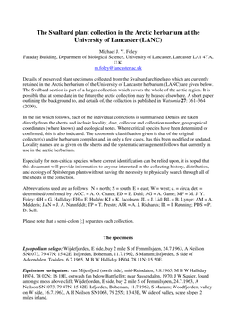 The Svalbard Plant Collection in the Arctic Herbarium at the University of Lancaster (LANC)