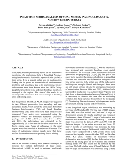 Insar Time Series Analysis of Coal Mining in Zonguldak City, Northwestern Turkey