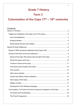 Grade 7 History Term 3 Colonisation of the Cape 17Th – 18Th Centuries