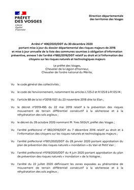 Direction Départementale Des Territoires Des Vosges Arrêté N° 406