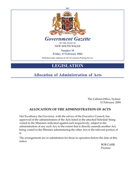 Government Gazette of the STATE of NEW SOUTH WALES Number 35 Friday, 13 February 2004 Published Under Authority by the Government Printing Service