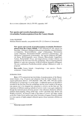 New Species and Records of Pseudoscorpions (Arachnida, Pseudoscorpiones) from the Canary Islands